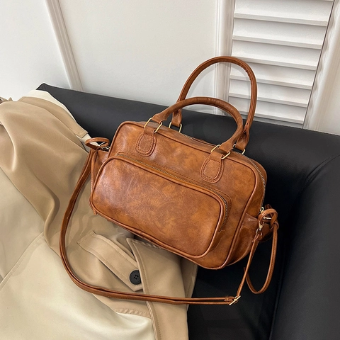 Vintage PU-Leder Boston Tasche Für Damen Retro Casual Reise Handtasche Textur Pendeln Schultertasche Mit Schleifen-Kordelzug Dekoration