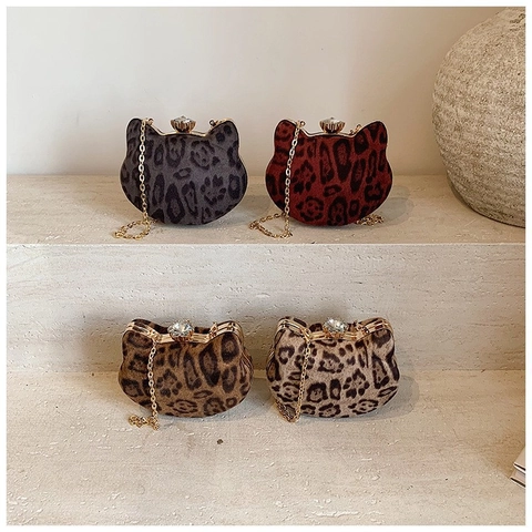 Borsa a Tracolla da Donna alla Moda a Forma di Gatto con Stampa Leopardata Vintage in Pelle Sintetica Pochette a Catena Borsa Rotonda da Sera per Ragazze