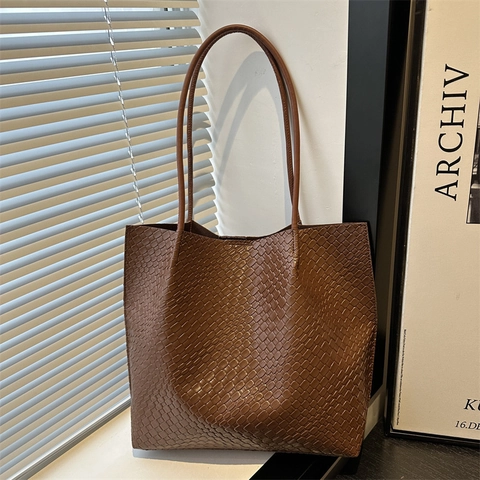Vintage Damen Gewebte Tragetasche Mode Große Kapazität Schultertasche Kunstleder Pendler Handtasche Mit Innentasche