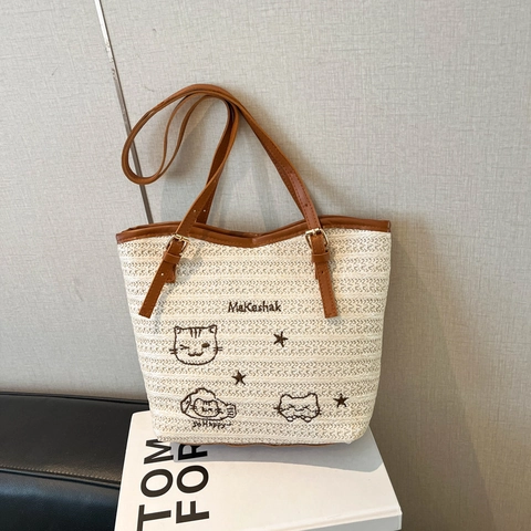 Lässige Stroh Gewebte Tragetasche Kunstleder Schultergurt Bestickt Katze Muster Medium Kapazität Horizontale Quadratische Handtasche Für Reisen Damen