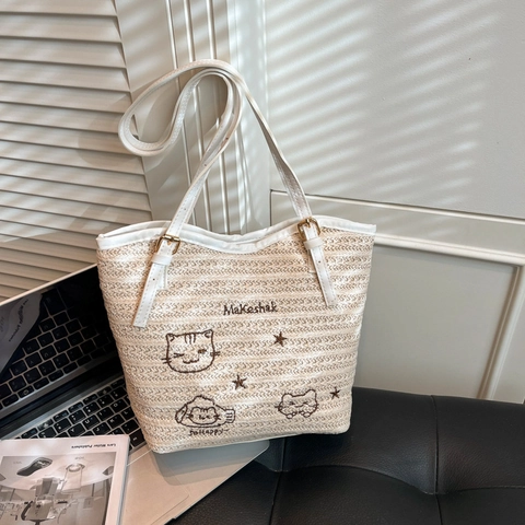 Lässige Stroh Gewebte Tragetasche Kunstleder Schultergurt Bestickt Katze Muster Medium Kapazität Horizontale Quadratische Handtasche Für Reisen Damen