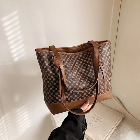 Retro Große Kapazität Damen Tote Bag PU Leder Monogramm Druck Pendler Schultertasche Mode Handtasche Lässige Büro Tasche