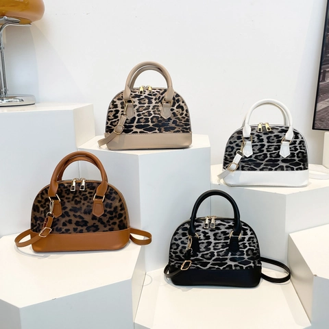 Bolso de Hombro de Concha con Estampado de Leopardo para Mujer Cuero Sintético con Costuras en Contraste Bolso de Mano Casual