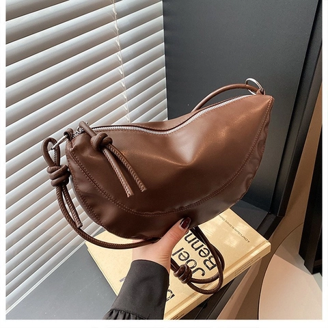 Women's Fashion Synthetic Leather Half Moon Shoulder Bag Knotted Strap Solid Color Dumpling Crossbody Bag Minimalist Handbag