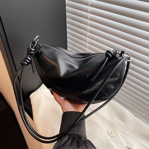 Women's Fashion Synthetic Leather Half Moon Shoulder Bag Knotted Strap Solid Color Dumpling Crossbody Bag Minimalist Handbag