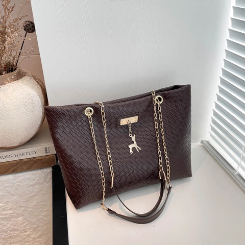 Urban Minimalistisch PU Leder Webstruktur Damen Umhängetasche Große Kapazität Tragetasche Mit Goldkette Und Hirschanhänger Zubehör