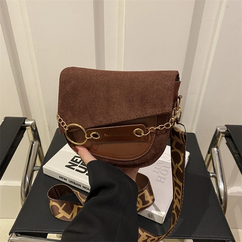 Bolso de Montura Retro de Cuero Sintético para Mujer Retazos Moda Correa Ancha Impresa Bolso de Hombro Cadena de Metal Color Sólido