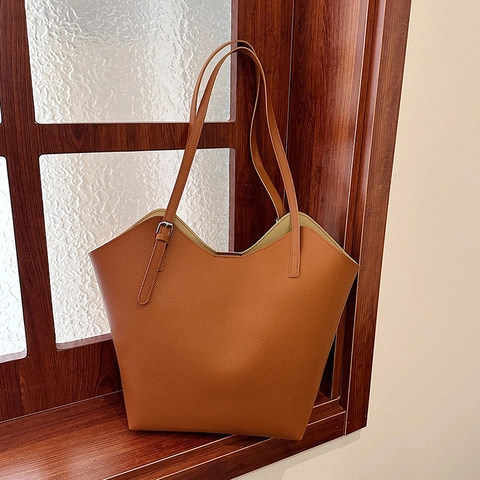 Vintage Lychee Pattern Synthetic Leather Tote Bag For Women Large Capacity Shoulder Bag With Wave Cut Edge Daily Commute Office