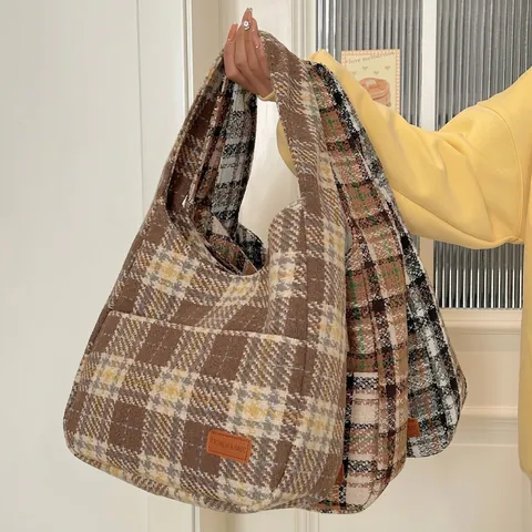 Dames Vintage Geblokte Schouder Tote Bag Grote Capaciteit Retro Geruit Stof Hobo Tas Woon-werkverkeer School Shopper
