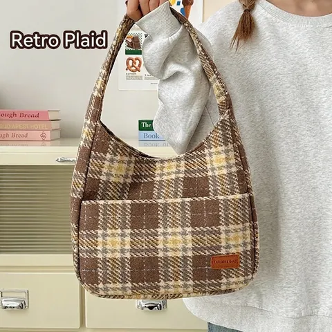 Dames Vintage Geblokte Schouder Tote Bag Grote Capaciteit Retro Geruit Stof Hobo Tas Woon-werkverkeer School Shopper