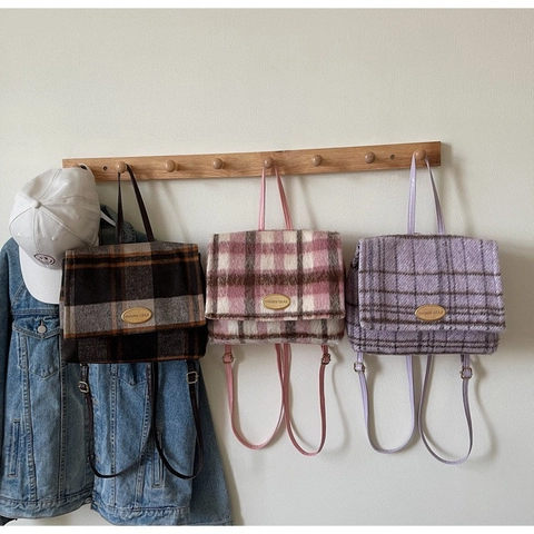 Women's Retro Plaid Woolen Fashion Backpack Casual Splicing Synthetic Leather Travel Rucksack With Metallic Decoration For Girls