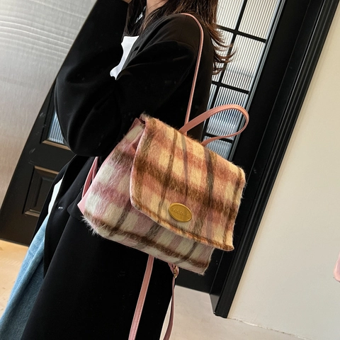 Women's Retro Plaid Woolen Fashion Backpack Casual Splicing Synthetic Leather Travel Rucksack With Metallic Decoration For Girls