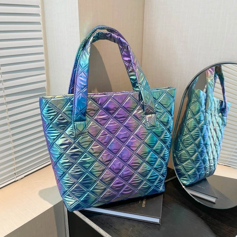 Borsa Tote Trapuntata Iridescente per Donna Grande Capacità Motivo a Rombi Metallici Borsa a Tracolla Casual Urbana Semplice di Moda