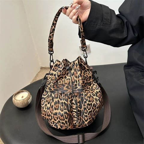 Damen Canvas Leopardenmuster Eimertasche Retro Fashion Kordelzug Umhängetasche Vielseitige Handtasche Für Den Alltag