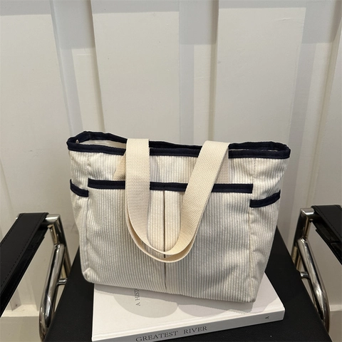 Dames Grote Capaciteit Canvas Tote Tas Winter Eenvoudige Student Woon-werkverkeer Handtas Casual Vierkante Schoudertas Met Stiksels