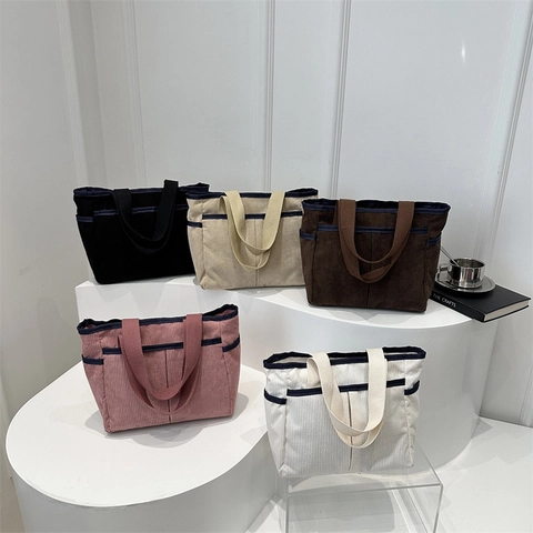 Dames Grote Capaciteit Canvas Tote Tas Winter Eenvoudige Student Woon-werkverkeer Handtas Casual Vierkante Schoudertas Met Stiksels