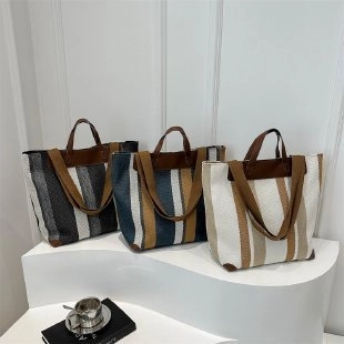 Large Capacity Striped Canvas Tote Bag Women Fashion Casual Shoulder Bag For Work Travel Daily Use Single Strap Handbag