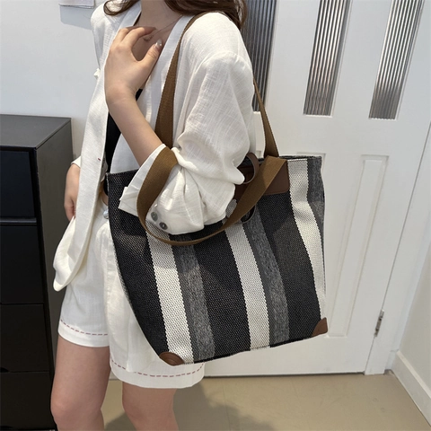 Large Capacity Striped Canvas Tote Bag Women Fashion Casual Shoulder Bag For Work Travel Daily Use Single Strap Handbag