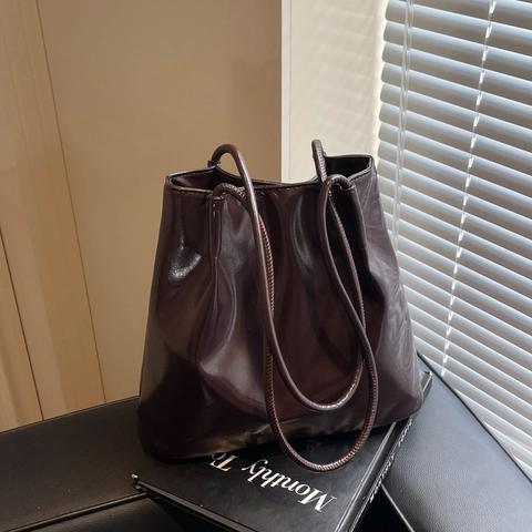 Bolso Tote de Cuero PU Brillante Vintage para Mujer Bolso de Hombro de Gran Capacidad Color Sólido Bolso de Mano de Moda