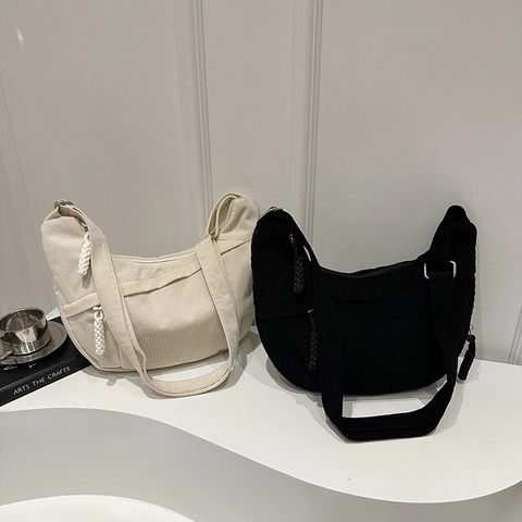 Women Large Capacity Corduroy Shoulder Bag Solid Color Hobo Bag Simple Adjustable Strap Crossbody Bag Daily Commute Satchel