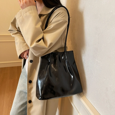 Bolso Tote de Cuero PU Brillante Vintage para Mujer Bolso de Hombro de Gran Capacidad Color Sólido Bolso de Mano de Moda