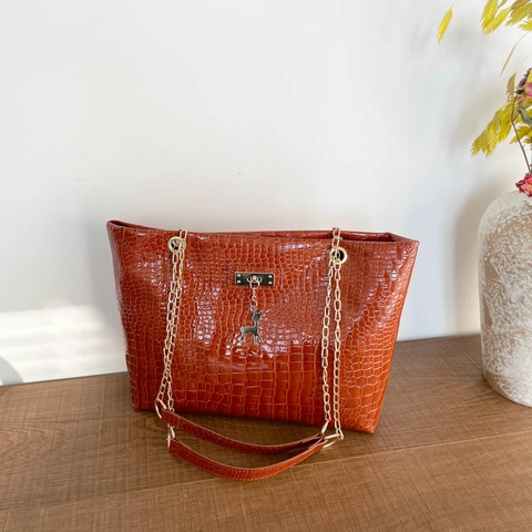 Bolso Tote de Mujer Brillante Patrón de Caimán Cuero Sintético en Relieve Bolso de Hombro Cadena de Oro Colgante Ciervo