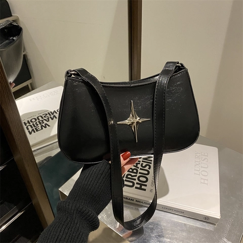 Borsa Sottobraccio da Donna in Pelle Microfibra Vintage Moda Croce Stella Baguette Borsa Retro Spalla per Pendolarismo Uso Quotidiano