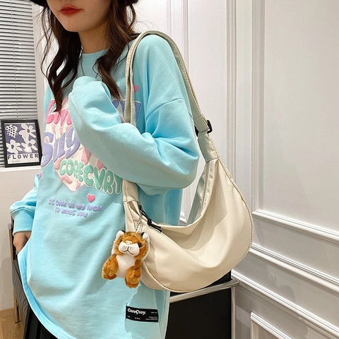 Women Minimalist Canvas Crescent Crossbody Bag Adjustable Shoulder Strap Hobo Bag With Plush Tiger Charm Casual Travel Bag
