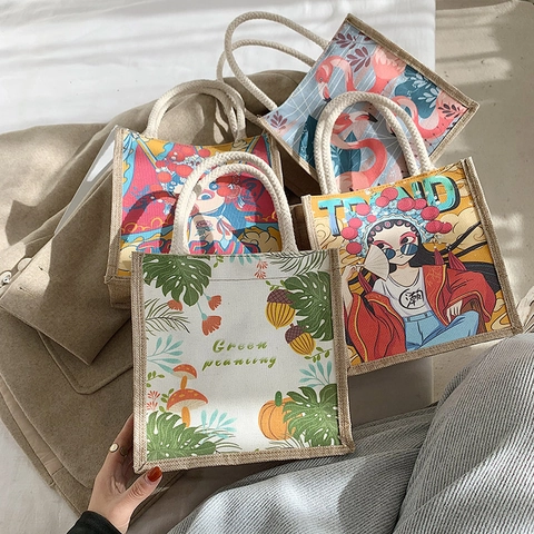 Sac à Main Artistique en Lin de Jute Imprimé Dessin Animé Opéra de Pékin Mini Tote Bag Quotidien Casual Shopping Sac Repas Femme