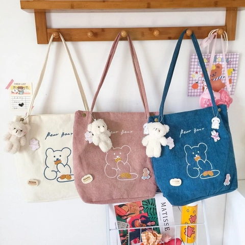 Dames Schattige Beer Nylon Schoudertas Grote Capaciteit Student Tote Bag Met Pluche Hanger Casual Shopping Crossbody Tas