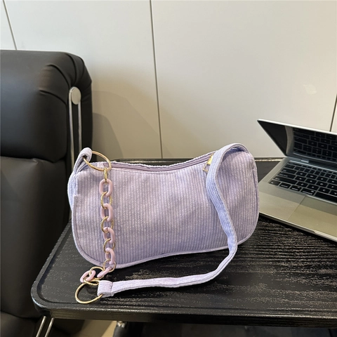 Bolso de Hombro de Pana Estilo Coreano Para Mujer Informal Color Sólido Mini Bolso Bandolera Con Cadena Decorativa