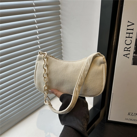 Bolso de Hombro de Pana Estilo Coreano Para Mujer Informal Color Sólido Mini Bolso Bandolera Con Cadena Decorativa