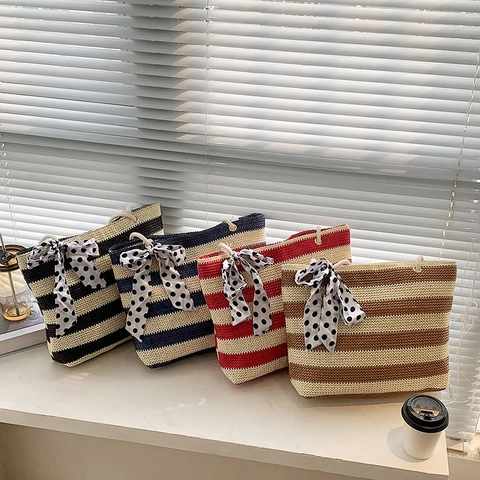 Damen Gewebte Stroh Tragetasche Große Kapazität Gestreifte Schultertasche Mit Polka Dot Schleife Sommer Strand Handtasche