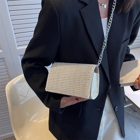 Damen Mode Sommer Spitze Webstoff Kleine Quadratische Tasche Urban Minimalistische Legierung Kette Umhängetasche Alltag