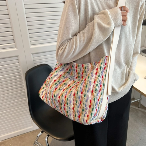Borsa Tote in Maglia Colorata da Donna Grande Capacità Borsa a Tracolla Intrecciata Multicolore Borsa a Mano Estiva Casual Con Tracolla Regolabile