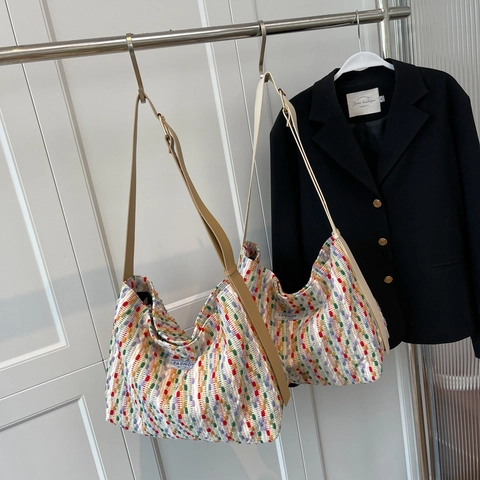 Borsa Tote in Maglia Colorata da Donna Grande Capacità Borsa a Tracolla Intrecciata Multicolore Borsa a Mano Estiva Casual Con Tracolla Regolabile