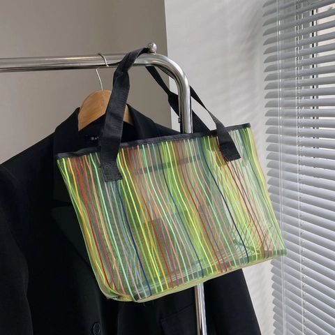 Damen Große Kapazität Tote Bag Transparent PVC Netz Bunte Vertikale Streifen Lässige Schultertasche Sommer Strand Reisetasche