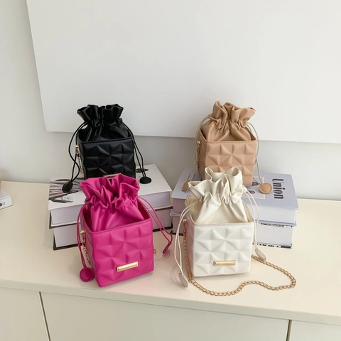 Women's Fashion PU Leather Geometric Quilted Square Box Bag Drawstring Chain Shoulder Crossbody Mini Bucket Bag