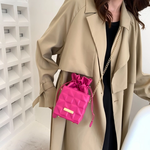 Women's Fashion PU Leather Geometric Quilted Square Box Bag Drawstring Chain Shoulder Crossbody Mini Bucket Bag