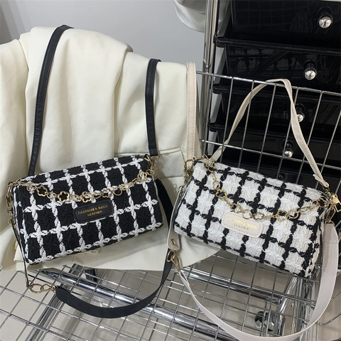 Vintage Plaid Tweed Shoulder Bag For Women Fashion Gold Chain Crossbody Square Bag Small Elegant Satchel Handbag Daily Bag
