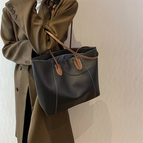 Bolso Tote de Cuero PU Minimalista de Gran Capacidad para Mujer Bolso de Mano Retro con Costuras en Contraste Moda Oficina