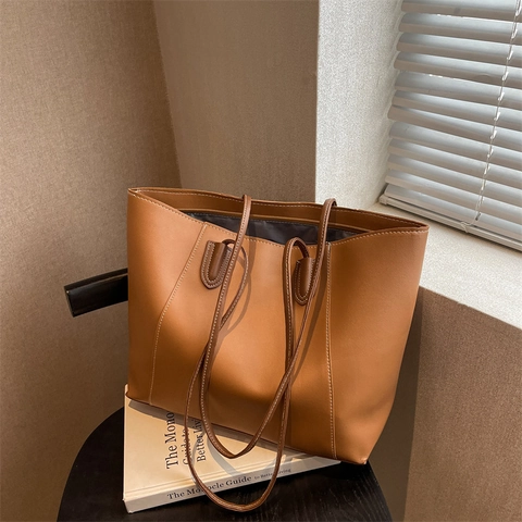 Bolso Tote de Cuero PU Minimalista de Gran Capacidad para Mujer Bolso de Mano Retro con Costuras en Contraste Moda Oficina