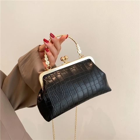 Sac à Cadre en Cuir PU Gaufré Crocodile Vintage Pour Femmes Rétro Motif Alligator Fermoir Baiser Sac à Main Bandoulière Chaîne