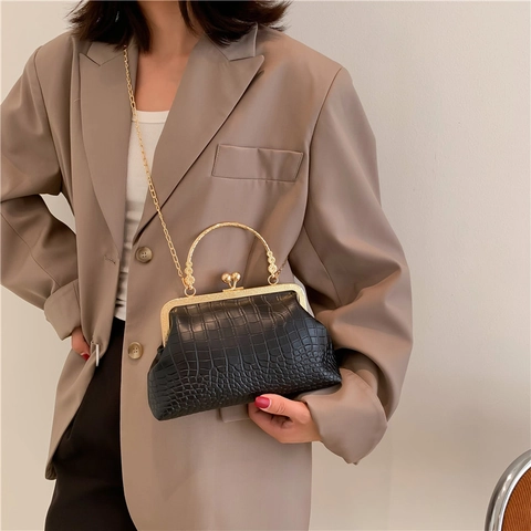 Sac à Cadre en Cuir PU Gaufré Crocodile Vintage Pour Femmes Rétro Motif Alligator Fermoir Baiser Sac à Main Bandoulière Chaîne