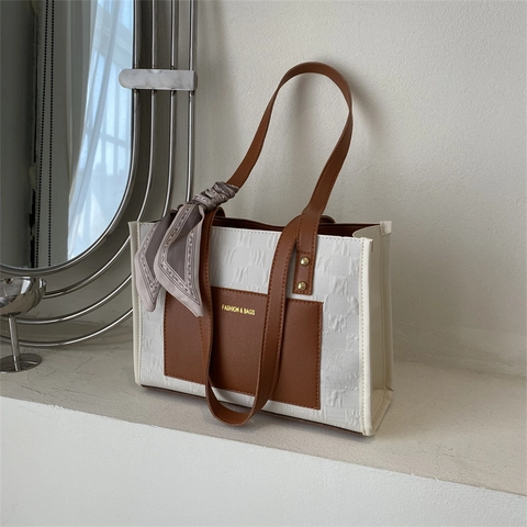 Bolso Tote de Gran Capacidad para Mujer Minimalista Color de Contraste Bolso de Hombro Con Pañuelo de Satén Decorativo Piel PU