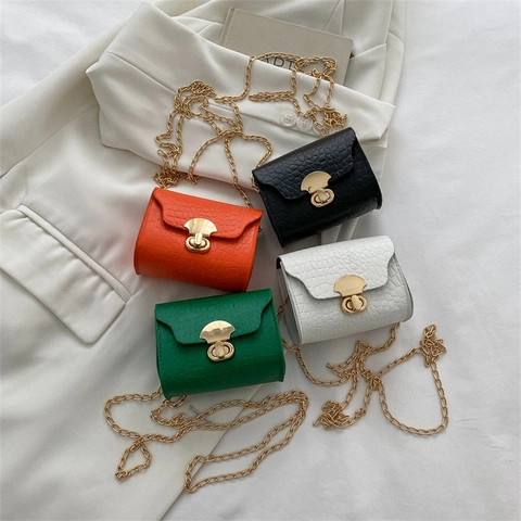 Women's Mini Crocodile Pattern PU Leather Shoulder Bag Fashion Lock Small Crossbody Chain Bag Solid Color Saddle Bag
