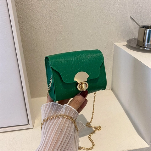Women's Mini Crocodile Pattern PU Leather Shoulder Bag Fashion Lock Small Crossbody Chain Bag Solid Color Saddle Bag