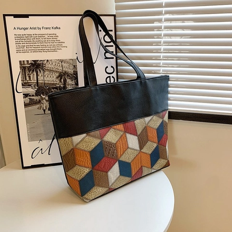 Grand Sac Fourre-Tout Femme en Cuir PU Patchwork Tissé Motif Géométrique Sac à Épaule Mode Décontracté Sac à Main