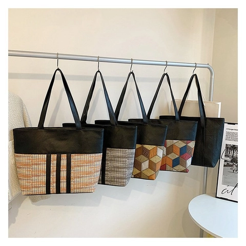 Grand Sac Fourre-Tout Femme en Cuir PU Patchwork Tissé Motif Géométrique Sac à Épaule Mode Décontracté Sac à Main