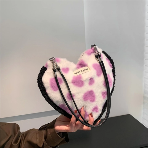 Bolso de Hombro de Lana con Forma de Corazón para Mujer Lindo Bolso Bandolera de Felpa Piel Sintética para Estudiantes Bolso de Moda